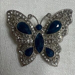 Silver-Tone Butterfly Brooch with Blue Enamel and Crystal Accents